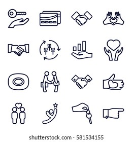 hands icons set. Set of 16 hands outline icons such as harvest, soap, pointing, heart on hand, gay couple, heart tag, hand with heart, handshake, businessman shaking hands