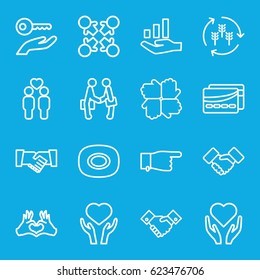 Hands icons set. set of 16 hands outline icons such as harvest, soap, pointing, heart on hand, gay couple, heart tag, handshake, card, graph on hand, key on hand