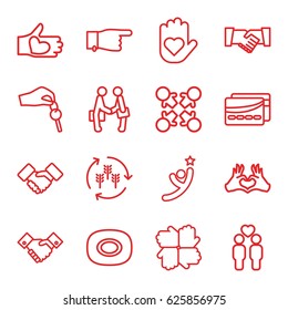 Hands icons set. set of 16 hands outline icons such as harvest, soap, pointing, gay couple, heart tag, hand with heart, handshake, hand with key, card, winner, roundelay