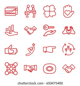 Hands icons set. set of 16 hands outline icons such as harvest, soap, pointing, heart tag, hand with heart, handshake, card, graph on hand, key on hand, winner
