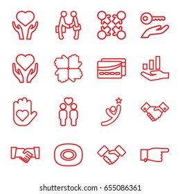 Hands icons set. set of 16 hands outline icons such as soap, pointing, heart on hand, gay couple, handshake, card, graph on hand, key on hand, winner