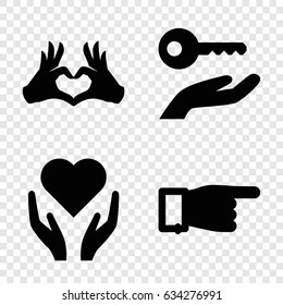 Hands icons set. set of 4 hands filled icons such as pointing, heart tag, key on hand