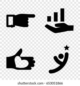 Hands icons set. set of 4 hands filled icons such as pointing, hand with heart, graph on hand