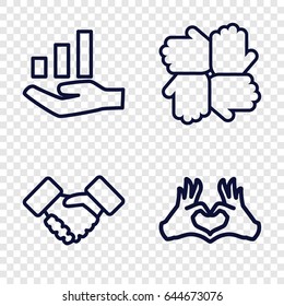 Hands icons set. set of 4 hands outline icons such as heart tag, handshake, graph on hand
