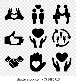 Hands icons. set of 9 editable filled hands icons such as harvest, heart on hand, gay couple, heart tag, hand with heart, handshake