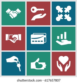 Hands icons set. set of 9 hands filled icons such as hand with heart, handshake, hand with key, card