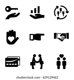 Hands icons set. set of 9 hands filled icons such as harvest, pointing, gay couple, businessman shaking hands, card, handshake, graph on hand, key on hand