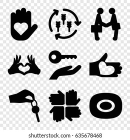 Hands icons set. set of 9 hands filled icons such as harvest, soap, heart tag, hand with heart, hand with key
