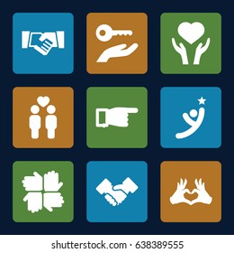 Hands icons set. set of 9 hands filled icons such as pointing, heart on hand, gay couple, heart tag, handshake, key on hand, winner