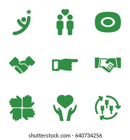 Hands icons set. set of 9 hands filled icons such as harvest, soap, pointing, heart on hand, gay couple, handshake, winner