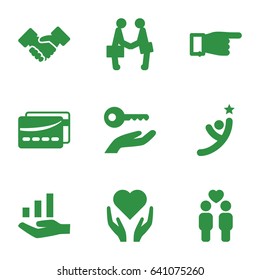 Hands icons set. set of 9 hands filled icons such as pointing, gay couple, businessman shaking hands, handshake, card, graph on hand, key on hand, winner