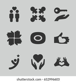 Hands icons set. set of 9 hands filled icons such as soap, gay couple, heart tag, hand with heart, key on hand, winner, roundelay