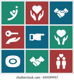 Hands icons set. set of 9 hands filled icons such as soap, pointing, heart on hand, gay couple, handshake, key on hand, winner