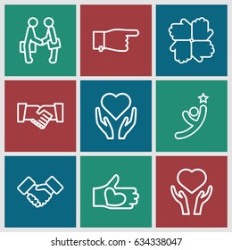 Hands icons set. set of 9 hands outline icons such as pointing, heart on hand, hand with heart, businessman shaking hands