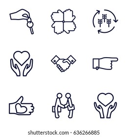 Hands icons set. set of 9 hands outline icons such as harvest, pointing, heart on hand, hand with heart, handshake
