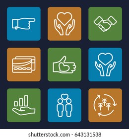 Hands icons set. set of 9 hands outline icons such as harvest, pointing, heart on hand, gay couple, hand with heart, handshake, card