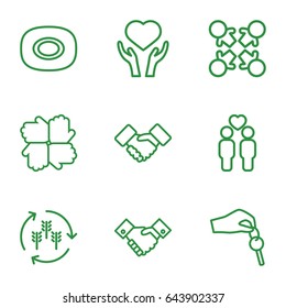 Hands icons set. set of 9 hands outline icons such as harvest, soap, heart on hand, gay couple, handshake, hand with key, roundelay