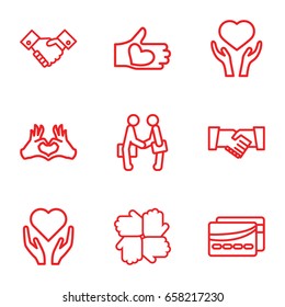 Hands icons set. set of 9 hands outline icons such as heart on hand, heart tag, hand with heart, handshake