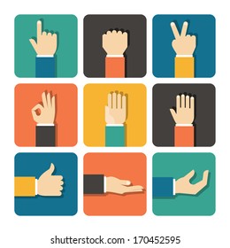 Hands Icons Set, Flat Design Vector illustration