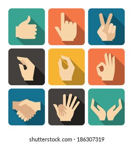 Hands Icons Set, Flat Design Vector illustration