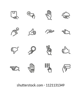 Hands icons. Set of  line icons. Thumbs up, gift, direction sign. Gesture concept. Vector illustration can be used for topics like networking, communication, signs and symbols