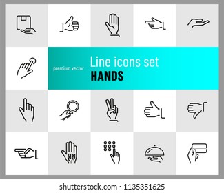 Hands icons. Set of  line icons. Thumbs up, gift, direction sign. Gesture concept. Vector illustration can be used for topics like networking, communication, signs and symbols