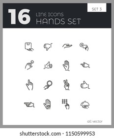 Hands icons. Set of  line icons. Thumbs up, gift, direction sign. Gesture concept. Vector illustration can be used for topics like networking, communication, signs and symbols