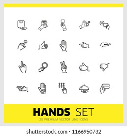 Hands icons. Set of  line icons. Thumbs up, gift, direction sign. Gesture concept. Vector illustration can be used for topics like networking, communication, signs and symbols