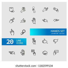 Hands icons. Set of  line icons. Thumbs up, gift, direction sign. Gesture concept. Vector illustration can be used for topics like networking, communication, signs and symbols