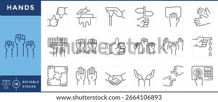 Hands icons set. Open hand, handshake, thumbs up, down, index finger, fist, gesture, and many more. Vector editable stroke.
