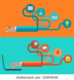 Hands with icons for studying and connecting vector concept