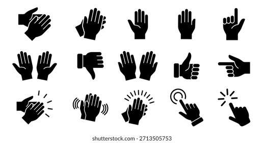 Vector de iconos de manos. Símbolo de aplausos. Icono de Hacer clic.  Símbolos de brazos de gesto. Manos con diferentes gestos y posiciones. Vector