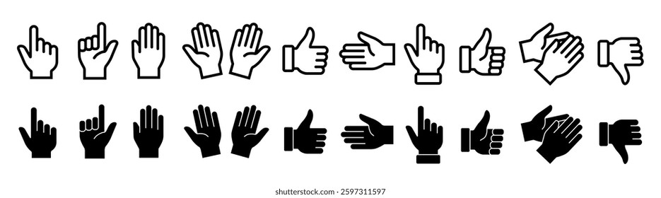 Hands icons vector. Hand line icons set . Symbols of gesture arms. Hands with different gestures and positions. Vector