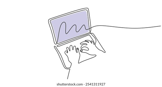 Hands illustrated typing on the keyboard in a continuous one line drawing. Work and office concept. Hand-drawn minimalist design.