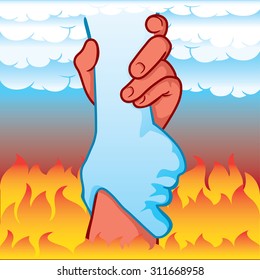 Hands Illustration leaning holding between heaven and hell, coexisting differences. Ideal for catalogs, informative and institutional material