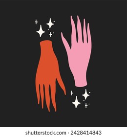 Hands illustration. Unique print in boh style, fairy tale. Ideal for poster or card template, fashion t-shirt design.