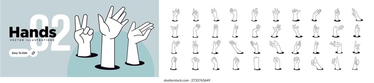 Handillustrationen. Vektorkonzepte von Händen, die unterschiedliche Gesten zeigen. Kreative Illustrationen für Grafik- und Webdesign, Marketing, Geschäftspräsentation, Social Media.