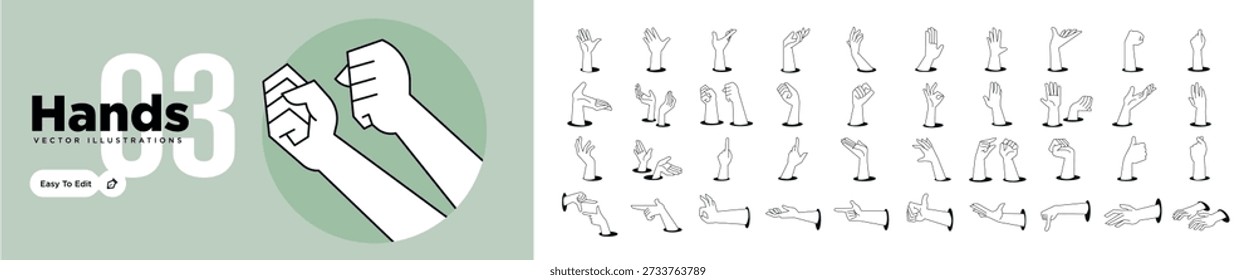 Hands illustrations. Vector concepts of hands showing different gestures. Creative illustrations for graphic and web design, marketing, business presentation, social media.