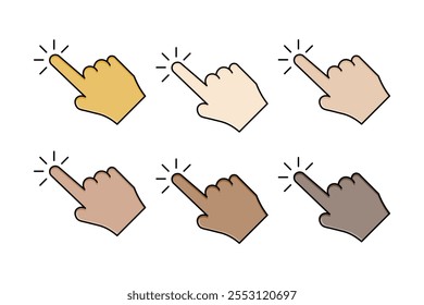 Mãos com dedos indicadores pressionados, com mãos de cores diferentes.