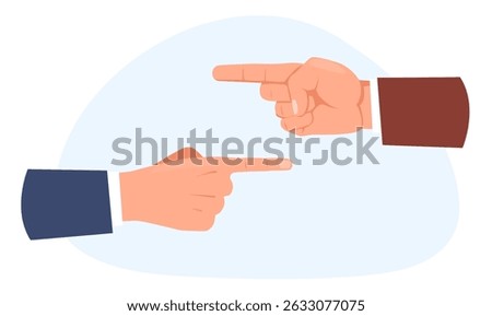 Hands with index fingers showing different direction. Contradiction in directional choice. Pointing forefinger gestures. Human debate and disagreement. Aiming arms. Vector concept Opposite way choose.