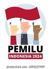 
the hands of Indonesians marked with ink from various ethnicities with  Indonesian flag background
