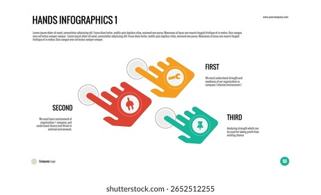 Infografía de manos: diseño de Vector con tres manos e íconos coloridos que representan pasos o acciones. Ideal para trabajo en equipo, impacto social, proceso de servicio o flujo de organización