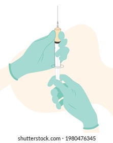 Hands with injection syringe. syringe in hand. Vaccine or insulin injection. Vaccination to prevent illness, disease. invent treatment from novel coronavirus. 