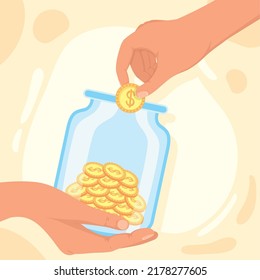 hands insert coins in pot scene