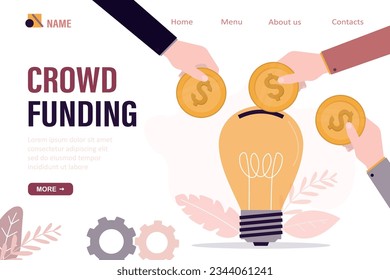 Hands insert money to glowing light bulb. Creative, innovative idea need funding, startup launch. Foundation for new projects. crowdfunding, fundraising landing page template. flat vector illustration