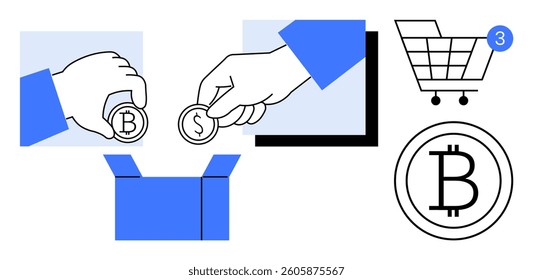 Hands inserting Bitcoin and Dollar coins into a box, shopping cart with notification, large Bitcoin symbol. Ideal for e-commerce, cryptocurrency, finance, shopping, digital transactions, fintech