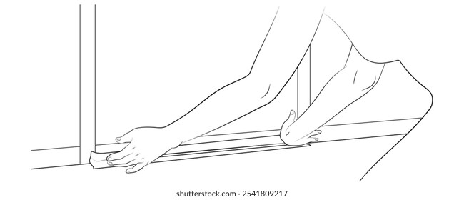 Hands are installing the door seal. Illustration in black and white and vector format. 