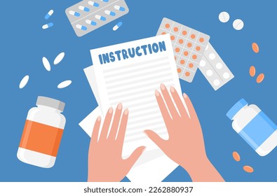 Hands with instructions and pills in jars and blisters on a blue background. Vitamin tablets and capsules on the table, top view. Vector illustration in flat style