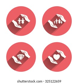 Hands insurance icons. Couple and family life insurance symbols. Heart health sign. Diamond jewelry symbol. Pink circles flat buttons with shadow. Vector