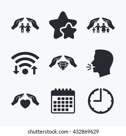 Hands insurance icons. Couple and family life insurance symbols. Heart health sign. Diamond jewelry symbol. Wifi internet, favorite stars, calendar and clock. Talking head. Vector